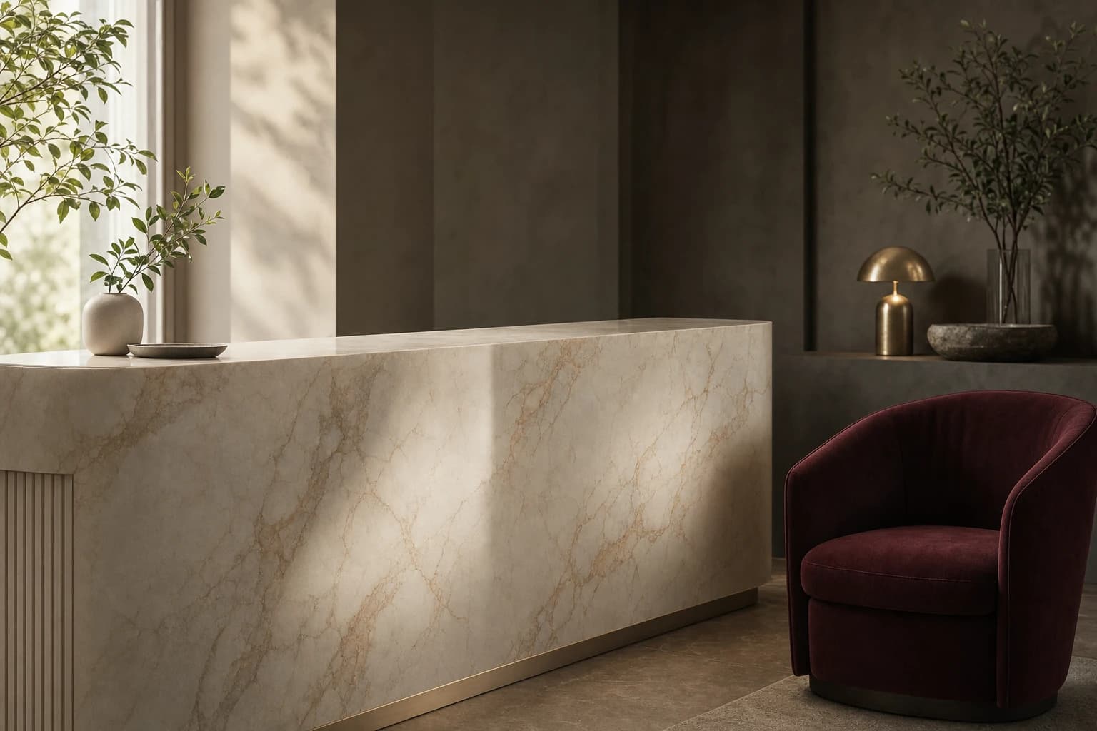 Warm, naturally lit med spa interior with marble and a burgundy chair