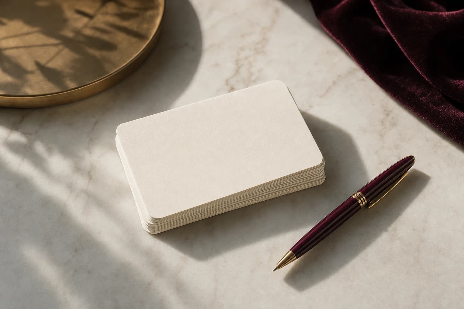 Appointment cards and a burgundy pen on pale marble